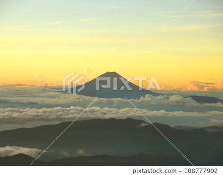 Morning with Mt. Fuji floating in a sea of clouds and sunrise 108777902