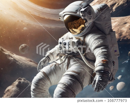 Daring astronaut, space suit and helmet floating in the open space 108777973