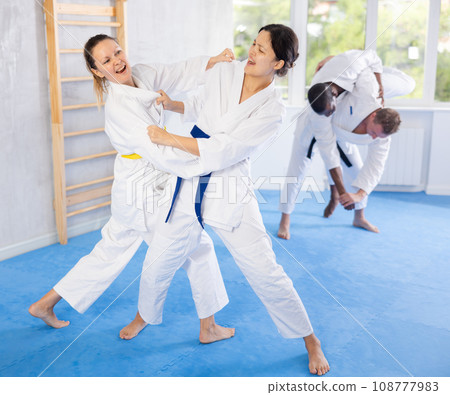 Adult and young women training judo techniques 108777983