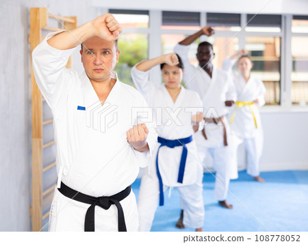 Group of multinational people in kimonos try new fighting techniques at karate lessons Group of multinational people in kimonos try new fighting techniques at karate lessons 108778052