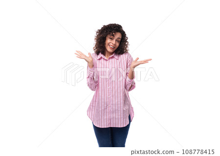 young authentic caucasian leader woman in pink striped shirt isolated white studio background 108778415