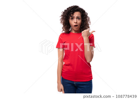 young beautiful leader woman with black curly hair dressed in a red t-shirt with mockup young beautiful leader woman with black curly hair dressed in a red t-shirt with mockup 108778439