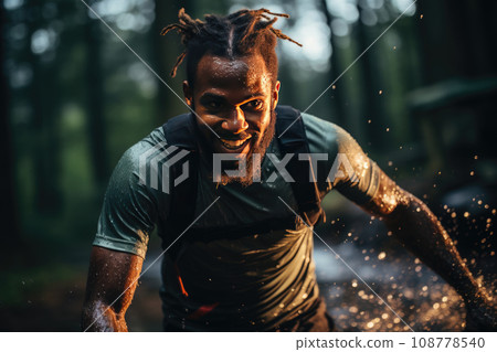 A dedicated athlete runs through a forest at dusk, covered in sweat and water, competing with determination in a challenging race. 108778540