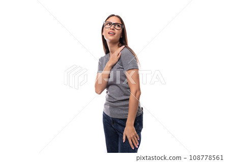 young promoter woman with glasses dressed in a gray t-shirt in an identity print mockup on a white 108778561