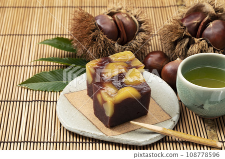 Chestnut yokan placed on a bamboo mat Chestnut yokan placed on a bamboo mat 108778596