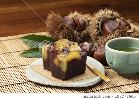 Chestnut yokan placed on a bamboo mat Chestnut yokan placed on a bamboo mat 108778606