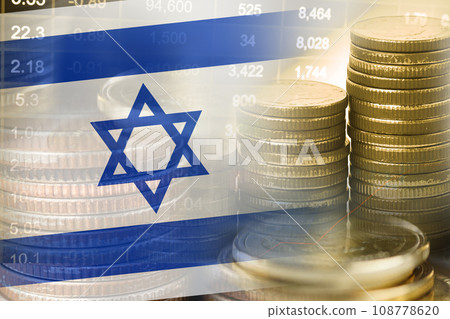 Stock market investment trading financial, coin and Israel flag or Forex for analyze profit finance business trend data background. Stock market investment trading financial, coin and Israel flag or Forex for analyze profit finance business trend data background. 108778620