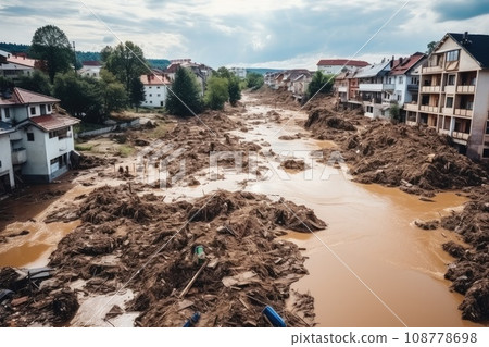 Large destruction of cities as a result of the tsunami. Destruction of a big city after natural disasters. Living quarters were destroyed. Large destruction of cities as a result of the tsunami. Destruction of a big city after natural disasters. Living quarters were destroyed. 108778698