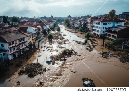 Large destruction of cities as a result of the tsunami. Destruction of a big city after natural disasters. Living quarters were destroyed. 108778705