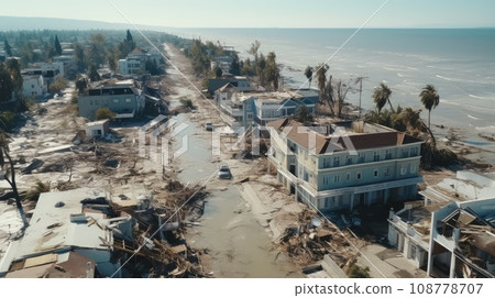 Large destruction of cities as a result of the tsunami. Destruction of a big city after natural disasters. Living quarters were destroyed. 108778707
