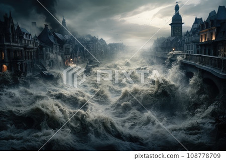 Large destruction of cities as a result of the tsunami. Destruction of a big city after natural disasters. Living quarters were destroyed. 108778709