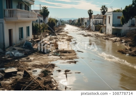 Large destruction of cities as a result of the tsunami. Destruction of a big city after natural disasters. Living quarters were destroyed. Large destruction of cities as a result of the tsunami. Destruction of a big city after natural disasters. Living quarters were destroyed. 108778714
