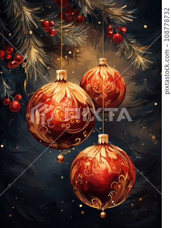 oil painted Christmas decorations. close-up. New Year card with balls. oil painted Christmas decorations. close-up. New Year card with balls. 108778732