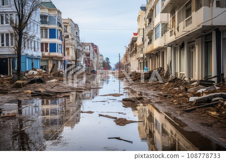 Large destruction of cities as a result of the tsunami. Destruction of a big city after natural disasters. Living quarters were destroyed. 108778733