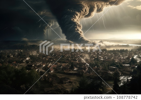 Dramatic thunderstorm tornado in Europe. natural disasters. destruction of cities by nature. disasters in the world. Dramatic thunderstorm tornado in Europe. natural disasters. destruction of cities by nature. disasters in the world. 108778742