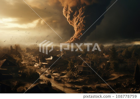 Dramatic thunderstorm tornado in Europe. natural disasters. destruction of cities by nature. disasters in the world. 108778759
