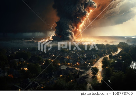 Dramatic thunderstorm tornado in Europe. natural disasters. destruction of cities by nature. disasters in the world. 108778760