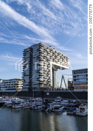 Cologne Kranhaus business center on the Rheinauhafen waterfront in sunny morning Cologne Kranhaus business center on the Rheinauhafen waterfront in sunny morning 108778779