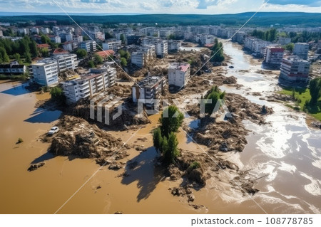 Large destruction of cities as a result of the tsunami. Destruction of a big city after natural disasters. Living quarters were destroyed. 108778785