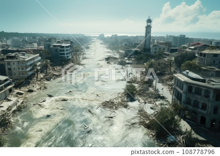 Large destruction of cities as a result of the tsunami. Destruction of a big city after natural disasters. Living quarters were destroyed. 108778796
