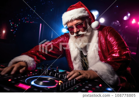 A fiery Christmas party with Santa Claus as a DJ mixing tracks on a DJ mixer. The New Year's party is filled with festive mood and fun. a night of fun. 108778805