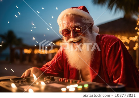 A fiery Christmas party with Santa Claus as a DJ mixing tracks on a DJ mixer. The New Year's party is filled with festive mood and fun. a night of fun. A fiery Christmas party with Santa Claus as a DJ mixing tracks on a DJ mixer. The New Year's party is filled with festive mood and fun. a night of fun. 108778821