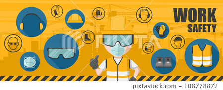 Worker background using his personal protective equipment. Set of industrial safety and occupational health icons for the prevention of occupational risks and accidents 108778872