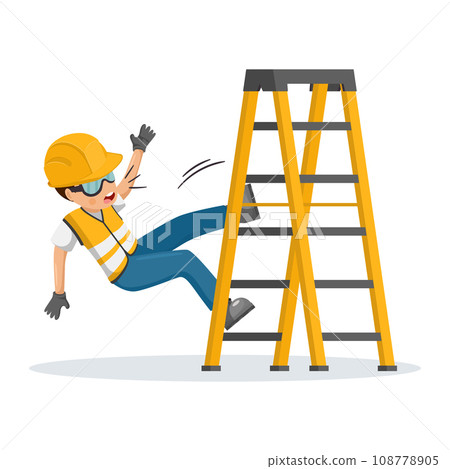 Worker has a fall from a ladder in an accident and workplace negligence. Industrial safety and occupational health at work Worker has a fall from a ladder in an accident and workplace negligence. Industrial safety and occupational health at work 108778905