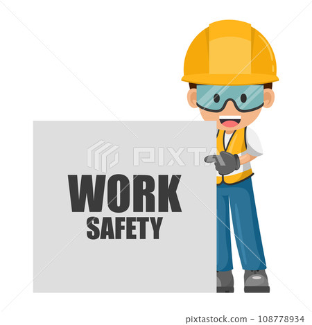 Construction industrial worker with his personal protective equipment and work safety poster. Industrial safety and occupational health at work Construction industrial worker with his personal protective equipment and work safety poster. Industrial safety and occupational health at work 108778934