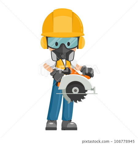 Industrial cabinetmaker or carpenter worker in his personal protective equipment using a circular woodcutter. Industrial safety and occupational health at work 108778945