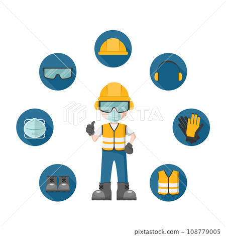 Worker wearing his personal protective equipment. Set of industrial safety and occupational health icons for the prevention of occupational risks and accidents Worker wearing his personal protective equipment. Set of industrial safety and occupational health icons for the prevention of occupational risks and accidents 108779005