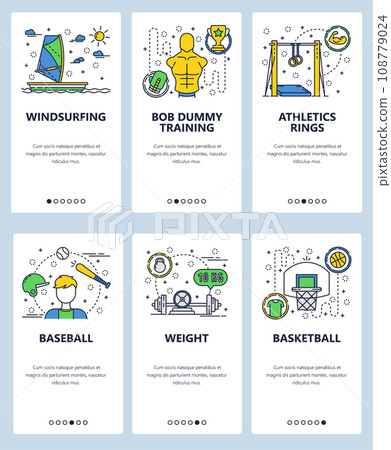 Vector web site linear art onboarding screens template. Sport icons, basketball, baseball, windsurfing, fitness. Menu banners for website and mobile app development. Modern design flat illustration. Vector web site linear art onboarding screens template. Sport icons, basketball, baseball, windsurfing, fitness. Menu banners for website and mobile app development. Modern design flat illustration. 108779024