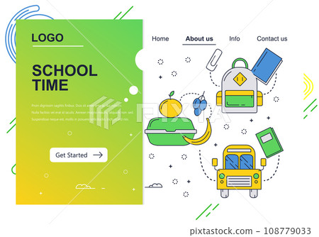 Vector web site linear art design template. School bus and lunch break. School backpack. Landing page concepts for website and mobile development. Modern flat illustration. Vector web site linear art design template. School bus and lunch break. School backpack. Landing page concepts for website and mobile development. Modern flat illustration. 108779033