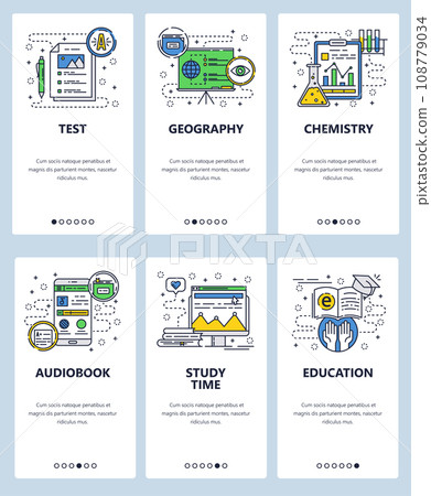 Vector web site linear art onboarding screens template. School education, geography, chemistry. Exam score. Audio book. Menu banners for website and mobile app development. Modern design flat Vector web site linear art onboarding screens template. School education, geography, chemistry. Exam score. Audio book. Menu banners for website and mobile app development. Modern design flat 108779034