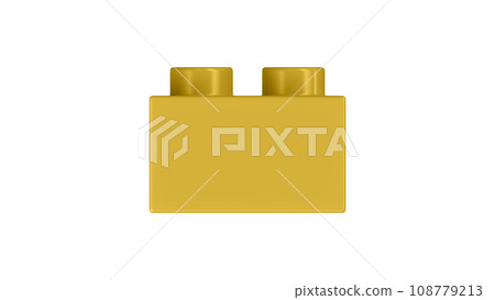 Metallic Gold Lego Block Isolated on a White Background. Close Up View of a Plastic Children Game Brick for Constructors, Side View. High Quality 3D Rendering with a Work Path. 8K Ultra HD, 7680x4320 108779213
