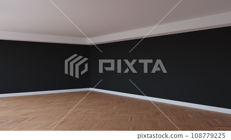 Corner of the Black Interior with a White Ceiling and Cornice, Glossy Herringbone Parquet Floor, and a White Plinth. Unfurnished Room Concept. 3D rendering, Ultra HD 8K, 7680x4320, 300 dpi 108779225