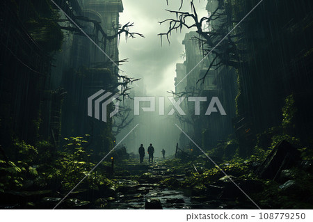 Mysterious Explorers in an Overgrown Urban Jungle Under a Misty Sky. AI generation Mysterious Explorers in an Overgrown Urban Jungle Under a Misty Sky. AI generation 108779250