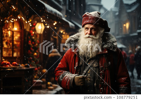 Festive Winter Portrait: Joyful Man with White Beard in Snowy Town. AI generation Festive Winter Portrait: Joyful Man with White Beard in Snowy Town. AI generation 108779251