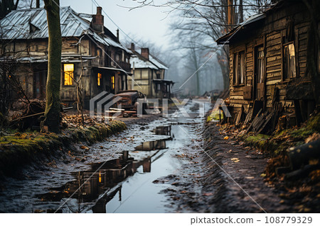 Rustic Village Lane with Dilapidated Houses and Reflective Puddles. AI generation Rustic Village Lane with Dilapidated Houses and Reflective Puddles. AI generation 108779329