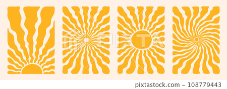 Groovy retro abstract sun backgrounds. Organic doodle shapes in trendy naive hippie 60s 70s style. Contemporary poster print banner template. Vertical Wavy vector illustration in yellow colors. Groovy retro abstract sun backgrounds. Organic doodle shapes in trendy naive hippie 60s 70s style. Contemporary poster print banner template. Vertical Wavy vector illustration in yellow colors. 108779443