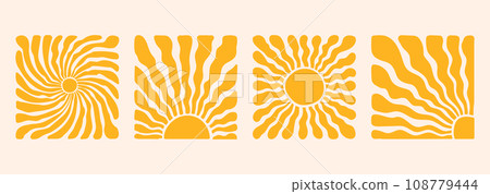 Groovy retro abstract sun backgrounds. Organic doodle shapes in trendy naive hippie 60s 70s style. Contemporary poster print banner template. Square wavy vector illustration in yellow colors. Groovy retro abstract sun backgrounds. Organic doodle shapes in trendy naive hippie 60s 70s style. Contemporary poster print banner template. Square wavy vector illustration in yellow colors. 108779444
