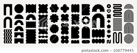 Abstract geometric shapes and icons. Brutal modern contemporary figure arch cloud vawe star oval spiral flower circle and other primitive elements. Swiss design aesthetic. Bauhaus memphis design. Abstract geometric shapes and icons. Brutal modern contemporary figure arch cloud vawe star oval spiral flower circle and other primitive elements. Swiss design aesthetic. Bauhaus memphis design. 108779445