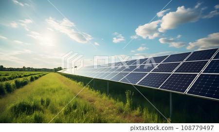 Solar panels on field in summer Solar panels on field in summer 108779497