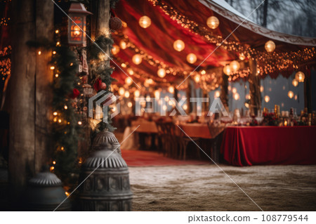 Colorful Christmas decorations and glass lanterns on a Christmas market. Generative AI 108779544