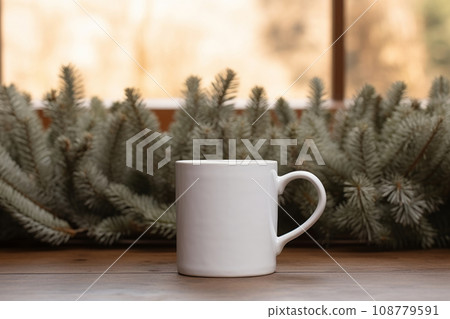 Plain white coffee cup mockup with christmas elements in background. Generative AI 108779591