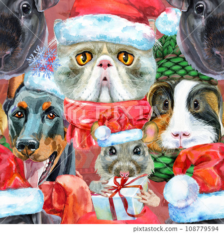 Seamless pattern of of dog, guinea pig, cat, mini pig and rat. Watercolor pets illustration. Watercolor hand drawn illustration Seamless pattern of of dog, guinea pig, cat, mini pig and rat. Watercolor pets illustration. Watercolor hand drawn illustration 108779594