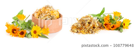 Fresh and dried calendula flowers in a wooden bowl isolated on white background. Marigold Fresh and dried calendula flowers in a wooden bowl isolated on white background. Marigold 108779648