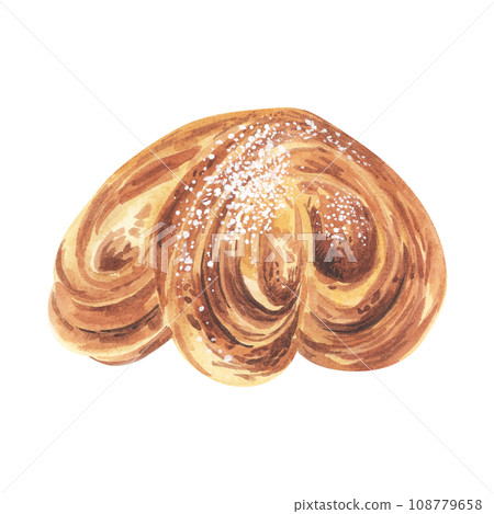 Sweet bun with sugar , freshly baked french homemade roll, puff pastry buns, isolated, hand drawn watercolor illustration on white background. Sweet bun with sugar , freshly baked french homemade roll, puff pastry buns, isolated, hand drawn watercolor illustration on white background. 108779658