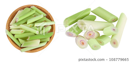 Fresh Lemongrass in wooden bowl isolated on white background . Top view. Flat lay 108779665