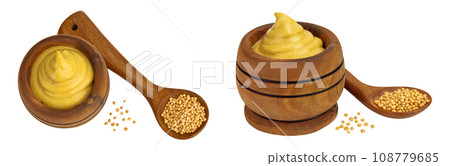 Mustard sauce in wooden bowl with seed isolated on white background. Top view. Flat lay 108779685